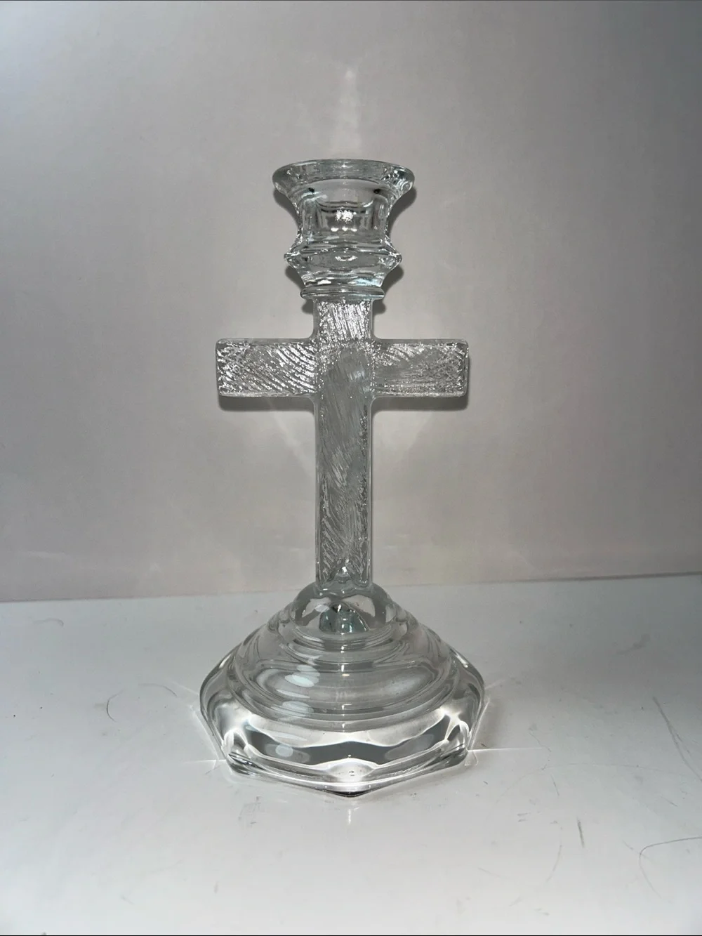 Vintage INRI Clear Glass Crucifix Jesus Christ Cross Candle Holder